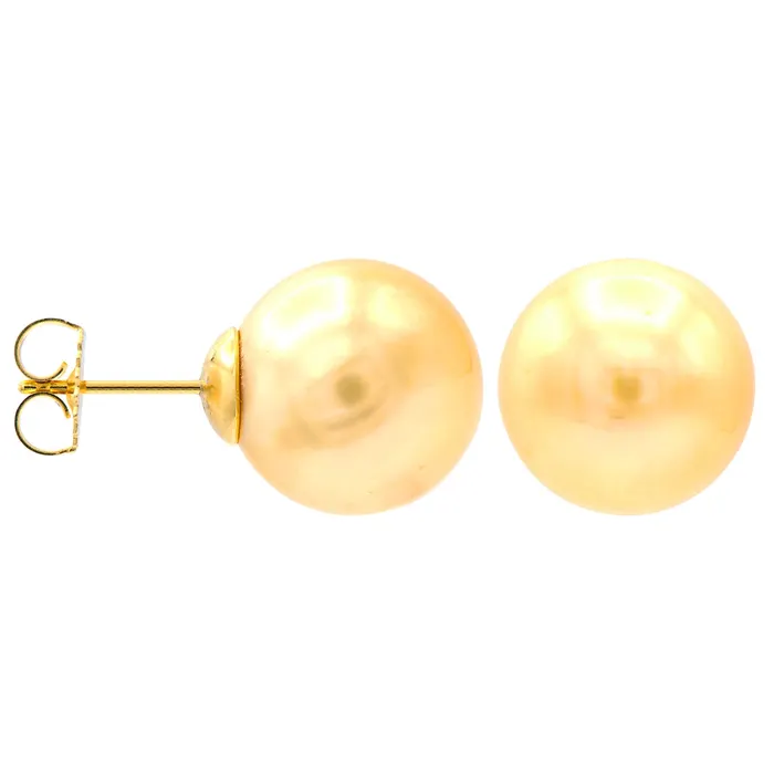 14K Yellow Gold Golden South Sea Pearl Stud Earrings, 10-10.5mm